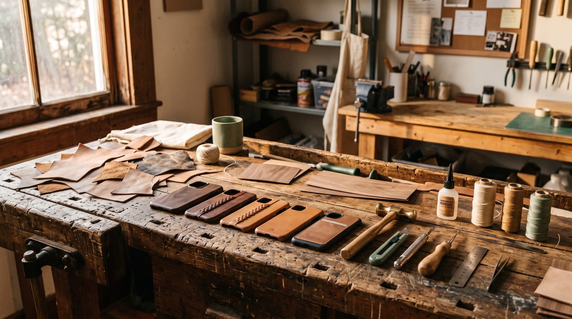 A workbench with leather offcuts, walnut veneer and finished phone covers