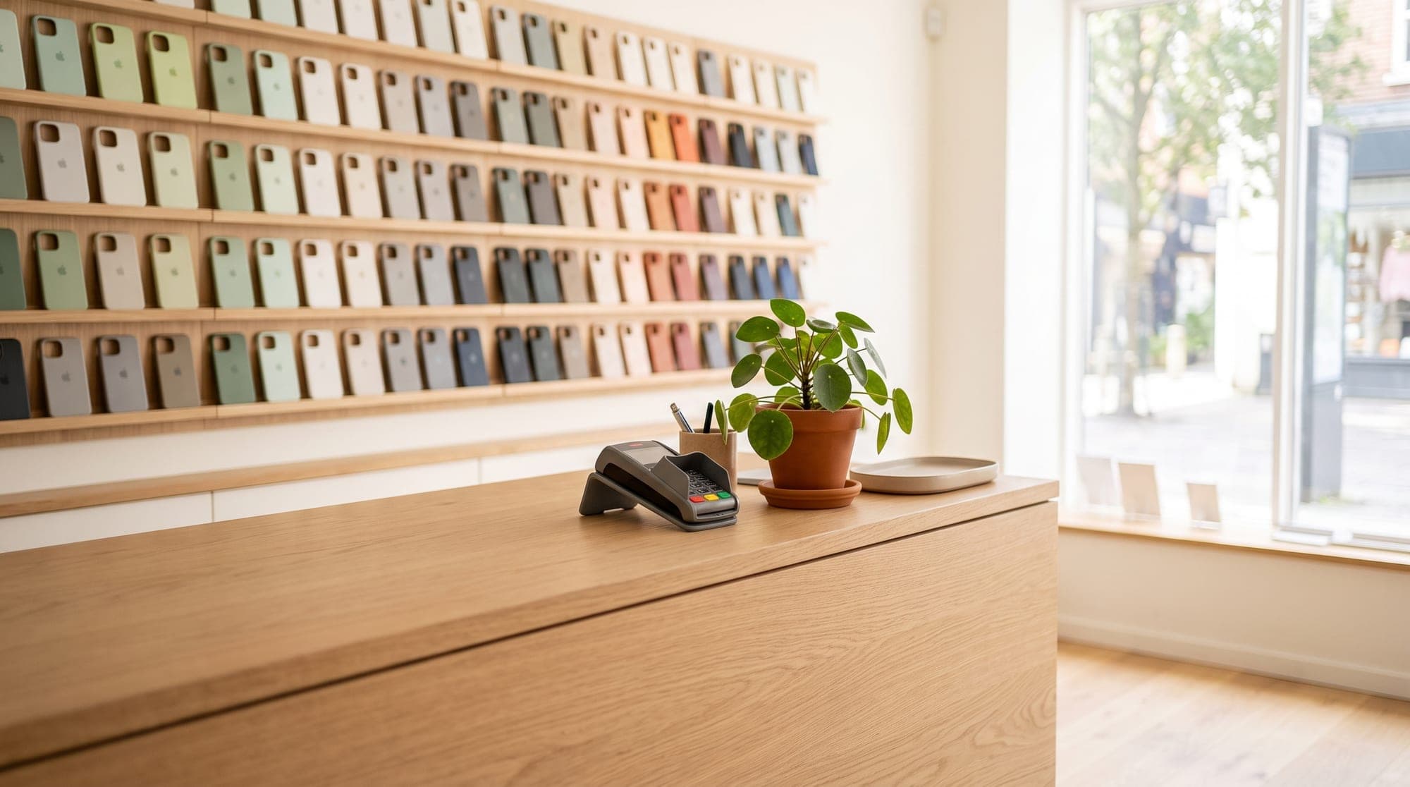 The PhoneX Services counter with a wall of covers behind it