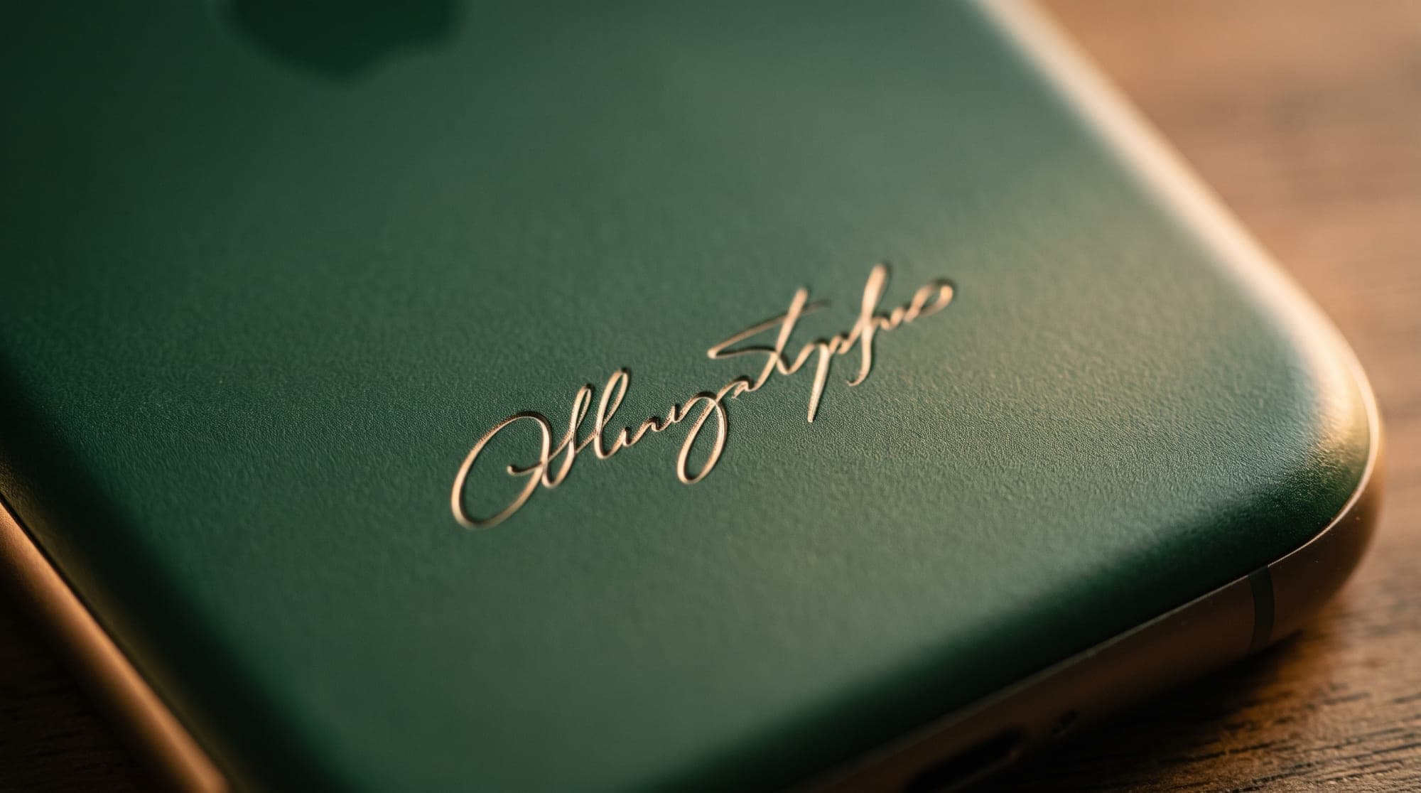 Close-up of engraved lettering pressed into a green phone cover